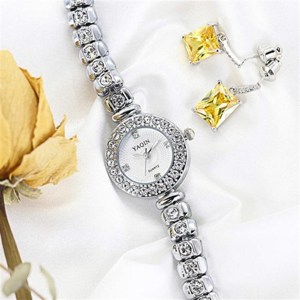 Rhinestone Silver Women Ladies Elegant Stainless Steel Watch